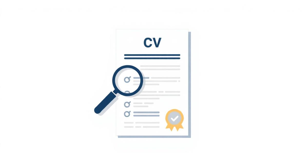 Ilustrație cu un CV analizat cu lupa și o insignă de validare
