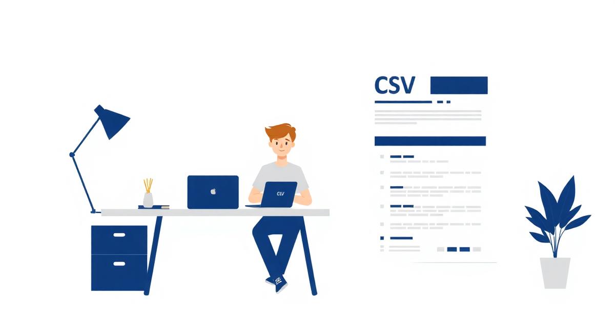 Ilustrație cu un student la birou, lângă un CV de o pagină cu bandă laterală bleumarin