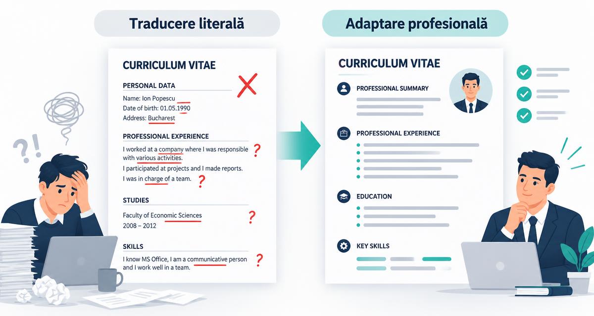 Comparație între traducerea literală a unui CV și adaptarea profesională în engleză